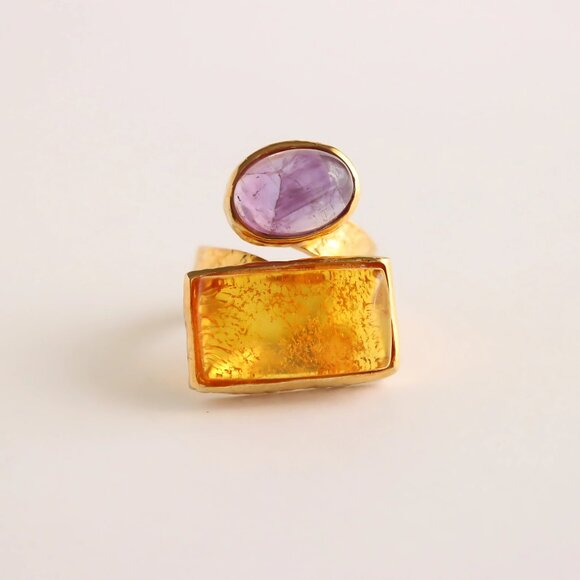 Baltic Amber And Amethyst Gold Ring- 14k Gold Plated s925 - Picture 6 of 8